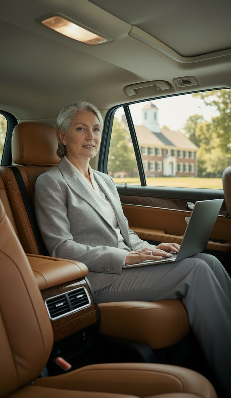 Business executive working during professional corporate black car service in Holliston, Massachusetts