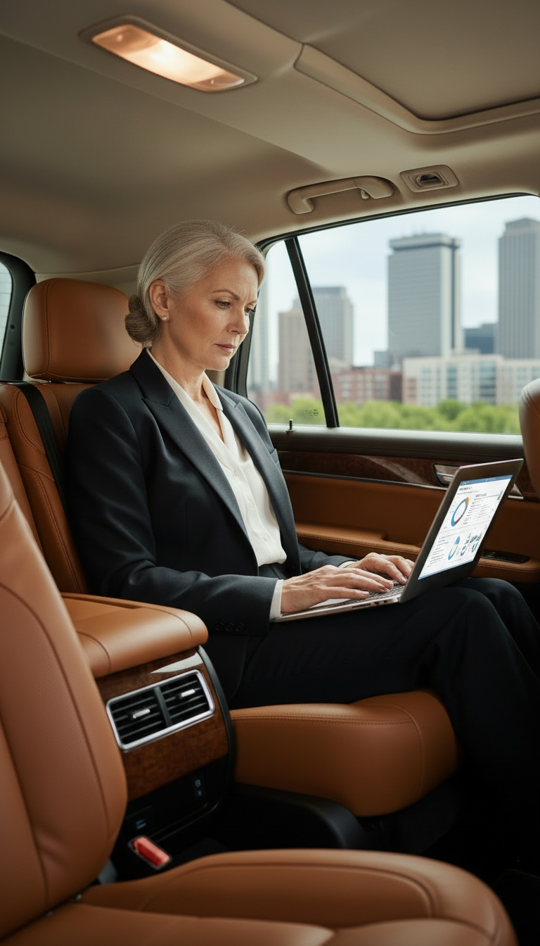 Business executive working during professional corporate black car service in Marblehead, Massachusetts