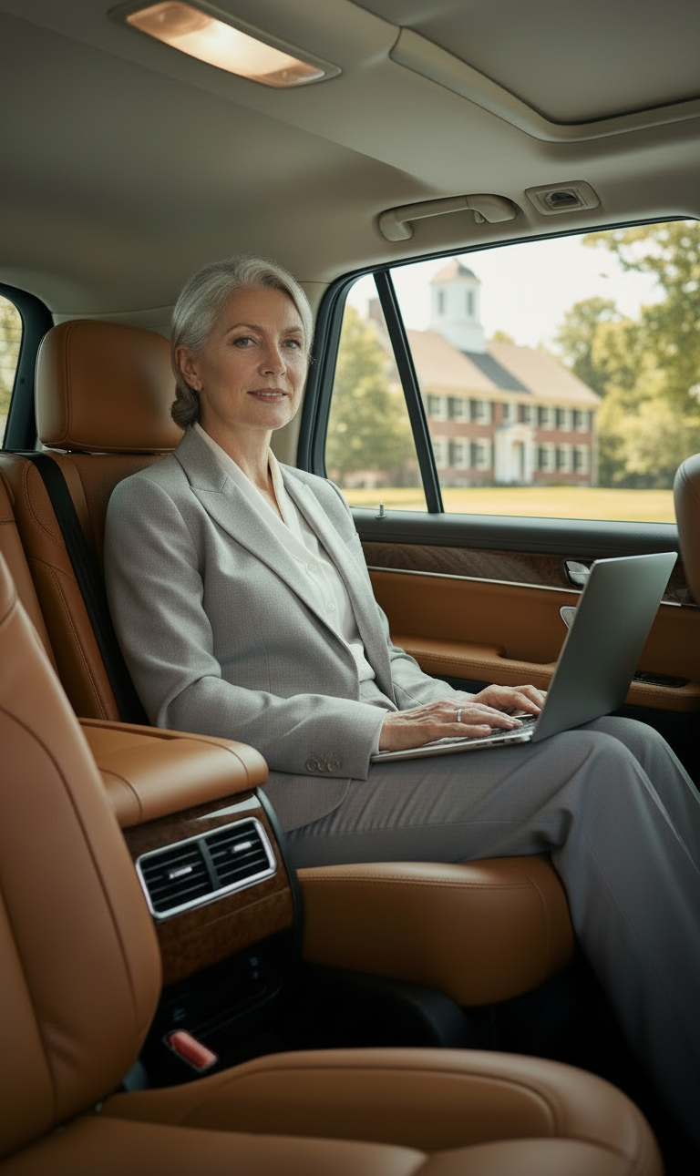 Executive passenger working during professional corporate black car service in Sudbury, Massachusetts