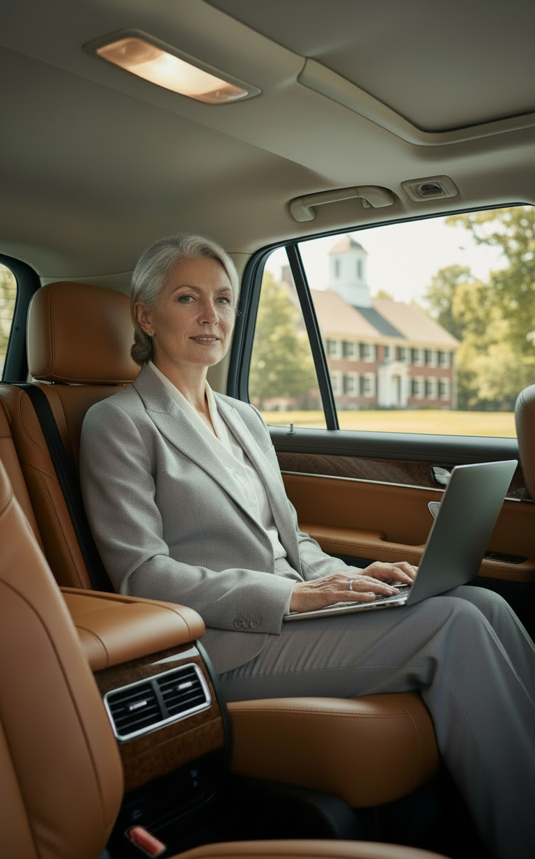 Executive passenger using professional corporate black car service in Westwood, Massachusetts