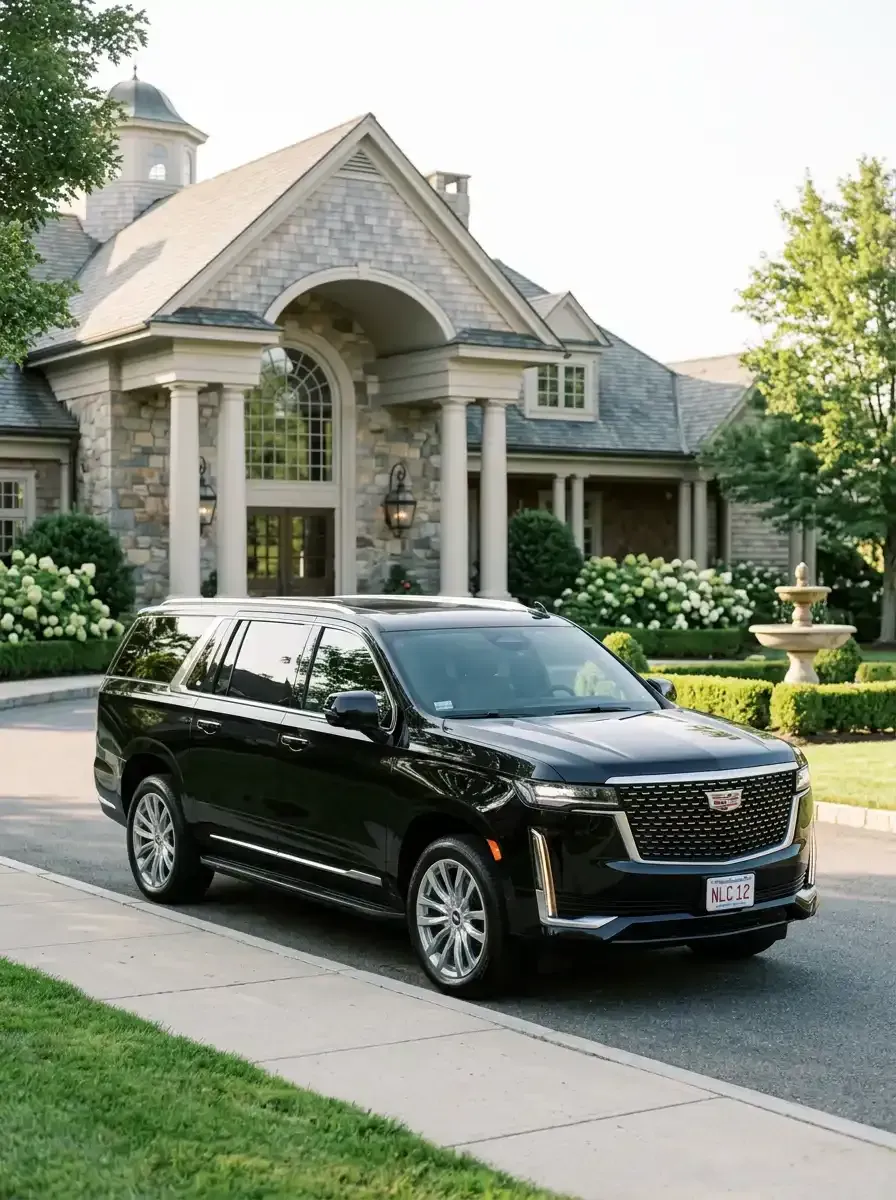 Luxury black SUV providing private car service from Dedham to Boston Logan International Airport