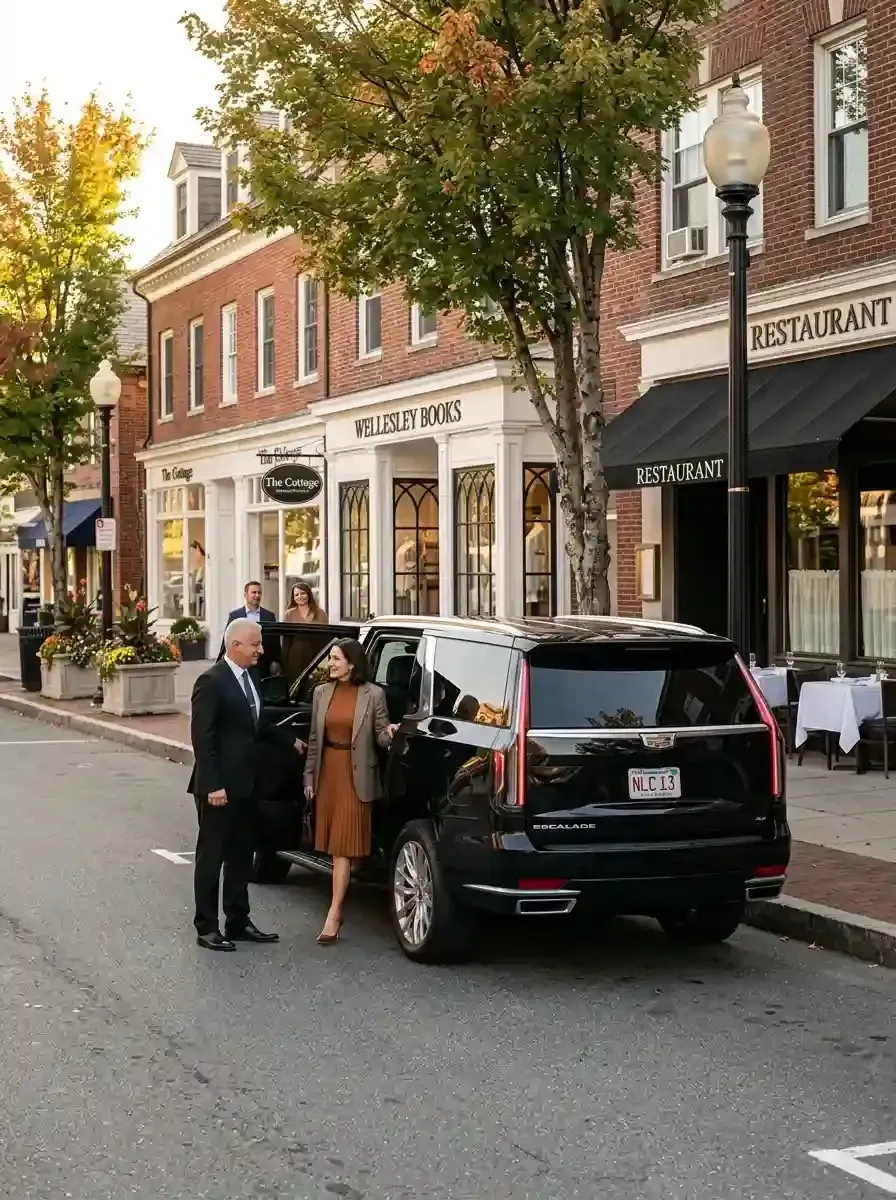 Professional chauffeur assisting a passenger beside a luxury black SUV for hourly chauffeur transportation
