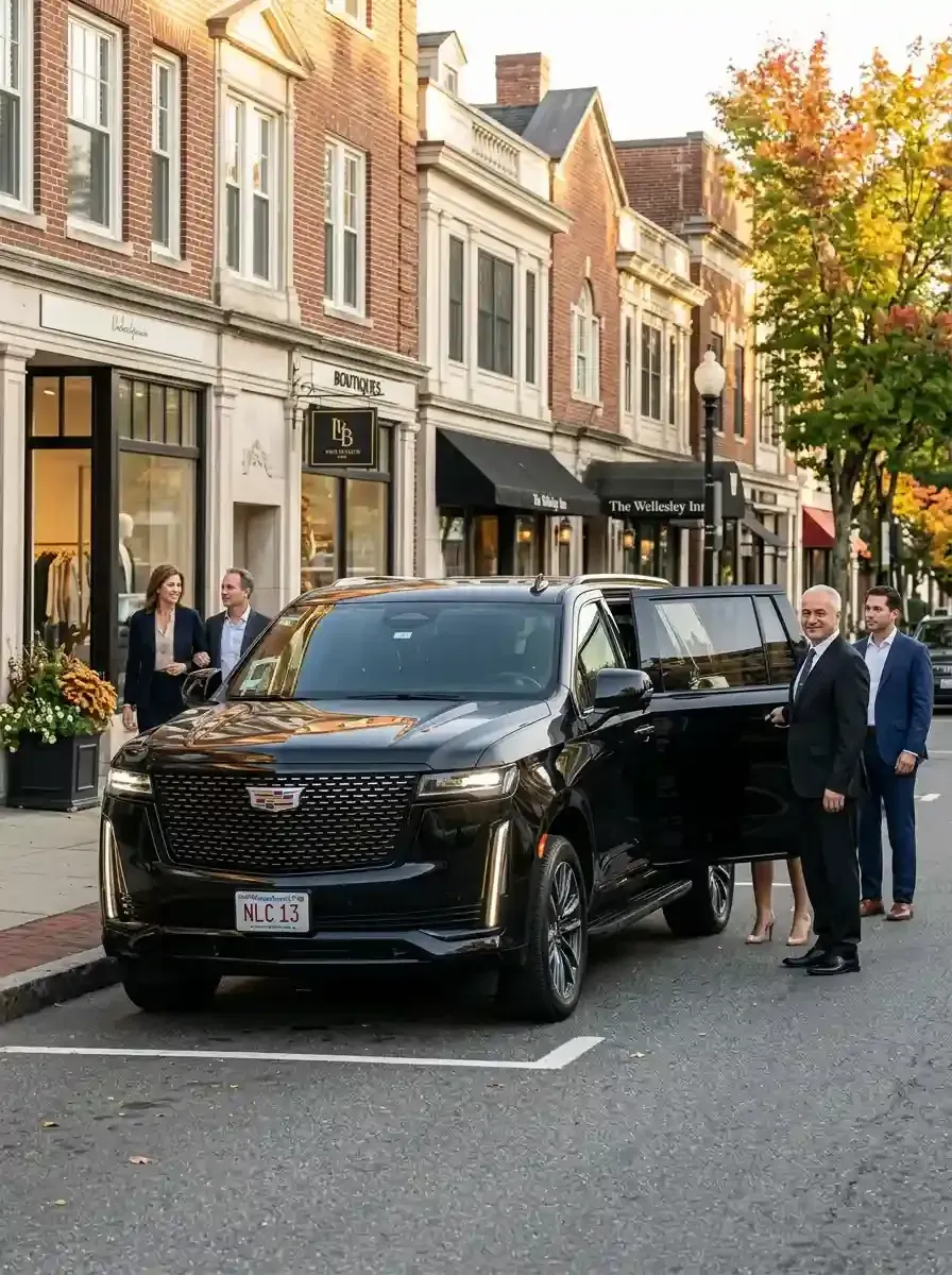 Professional chauffeur assisting passengers with hourly black car service in Ashland, Massachusetts
