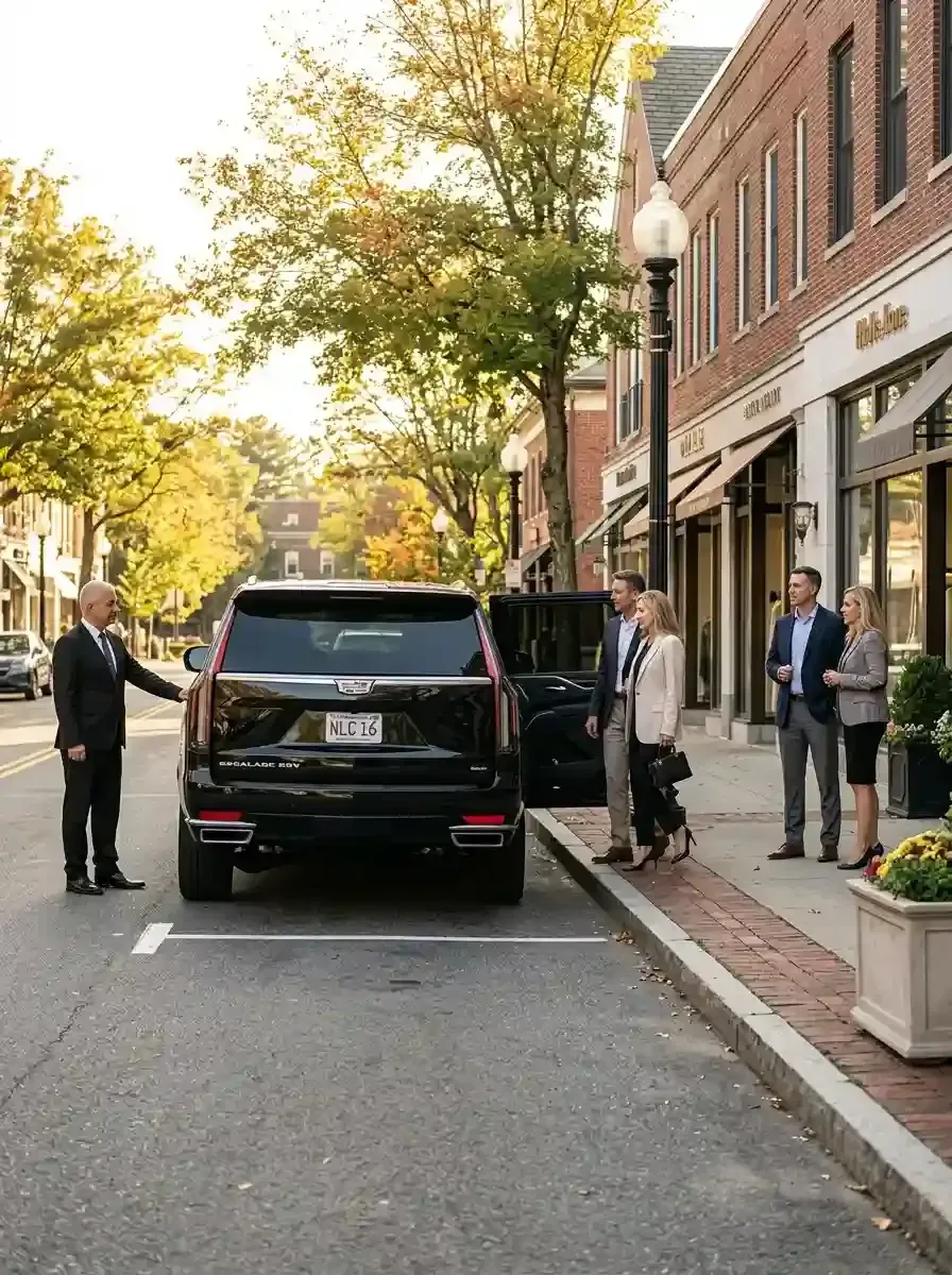 Professional chauffeur assisting passengers with hourly black car service in Beverly, Massachusetts