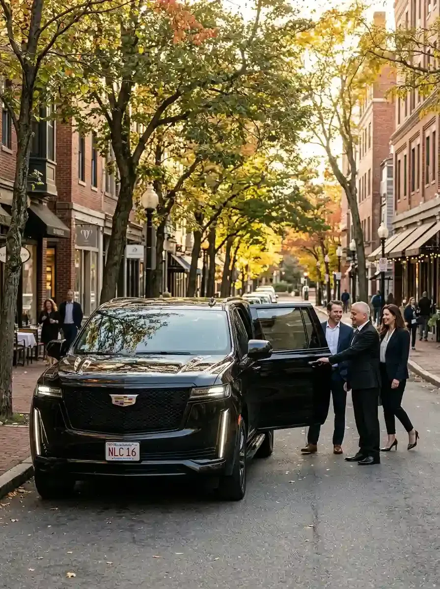 Professional chauffeur assisting passengers with hourly black car service in Dedham, Massachusetts