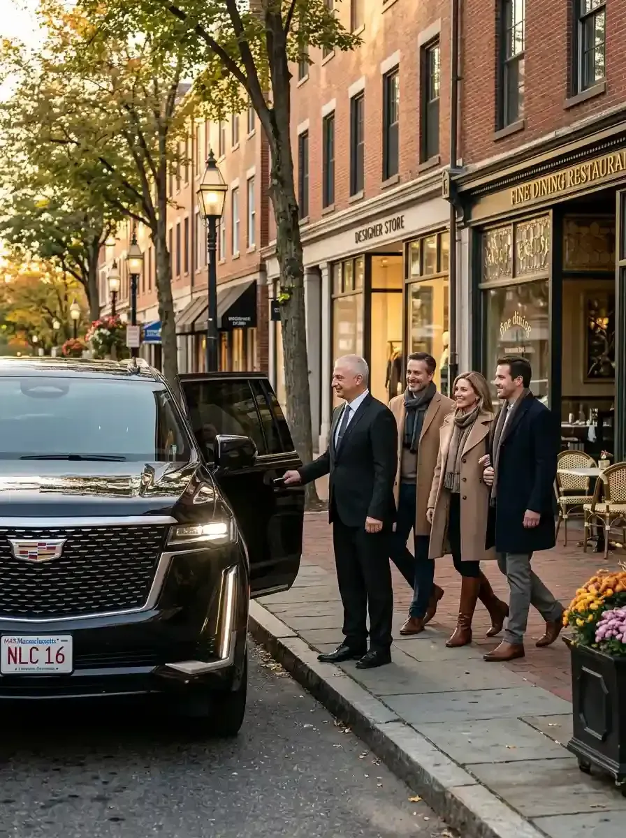 Professional chauffeur assisting passengers with hourly black car service in Framingham, Massachusetts