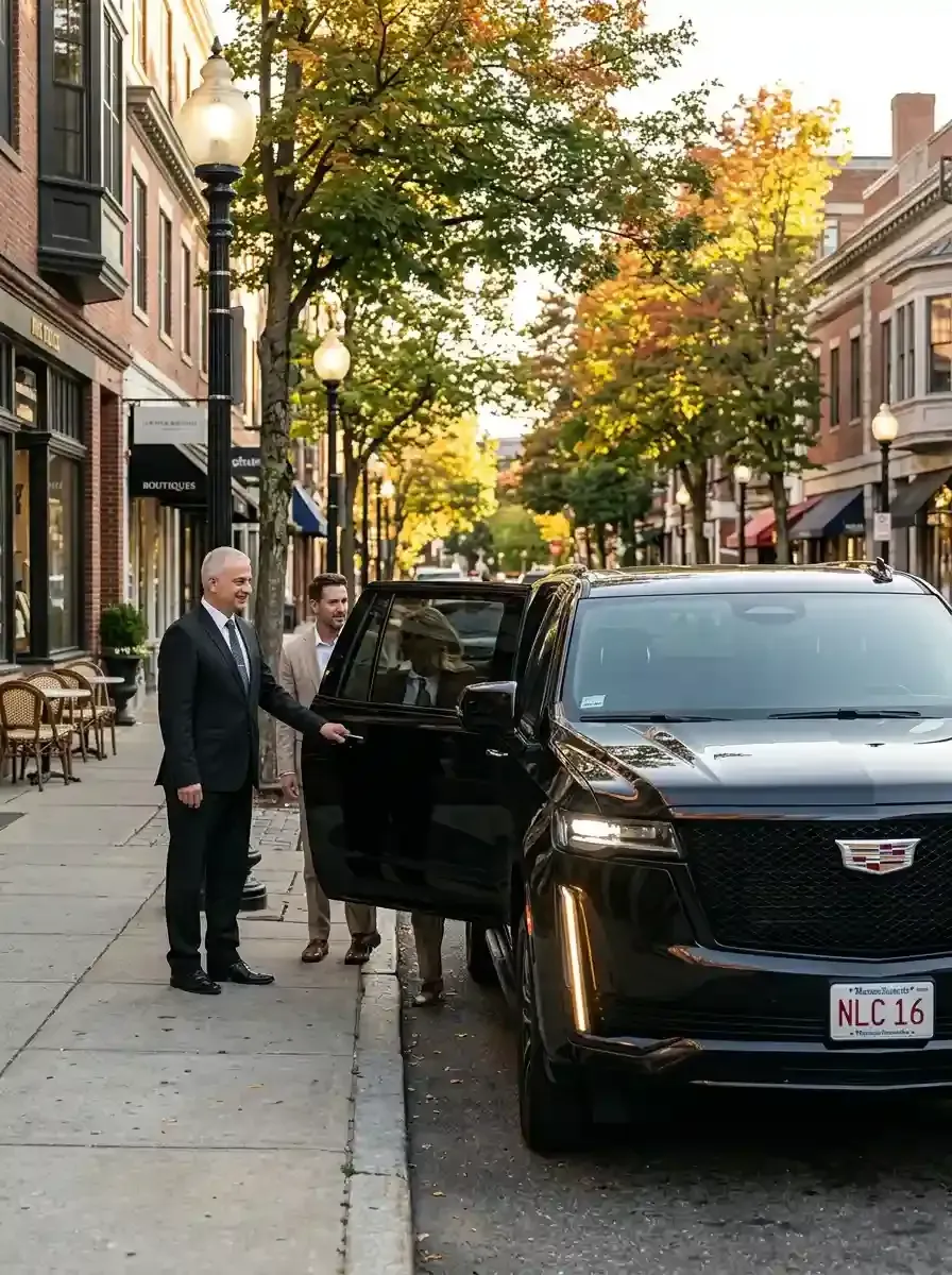 Professional chauffeur assisting passengers with hourly black car service in Hopkinton, Massachusetts
