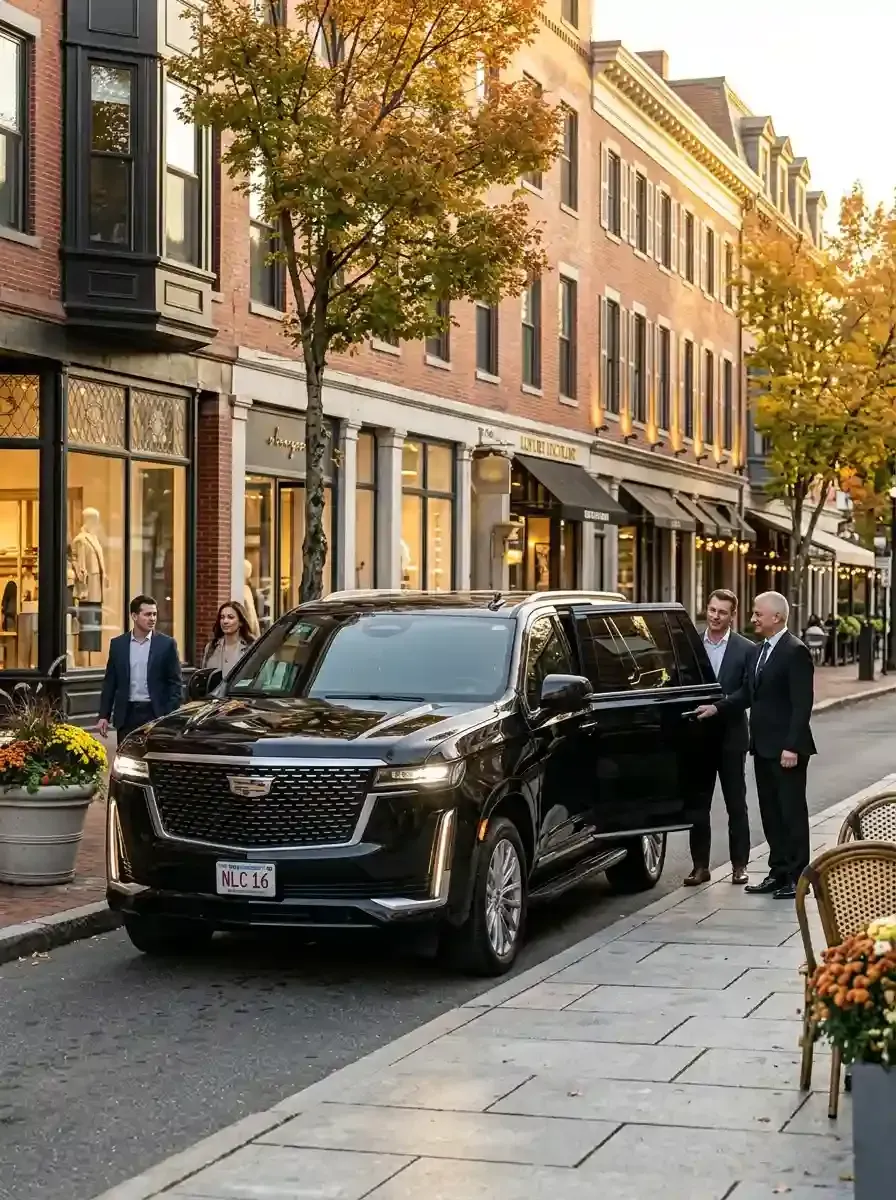 Professional chauffeur assisting passengers with hourly black car service in Marblehead, Massachusetts