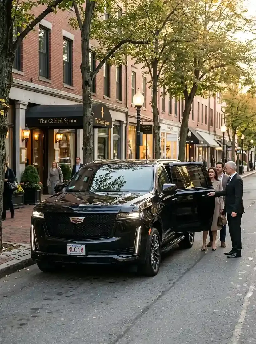 Professional chauffeur assisting passengers with hourly black car service in Sudbury, Massachusetts