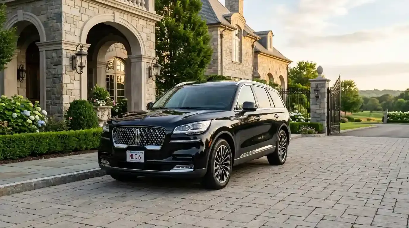 Lincoln Aviator executive black car parked in Chestnut Hill for luxury chauffeur and private transportation service.
