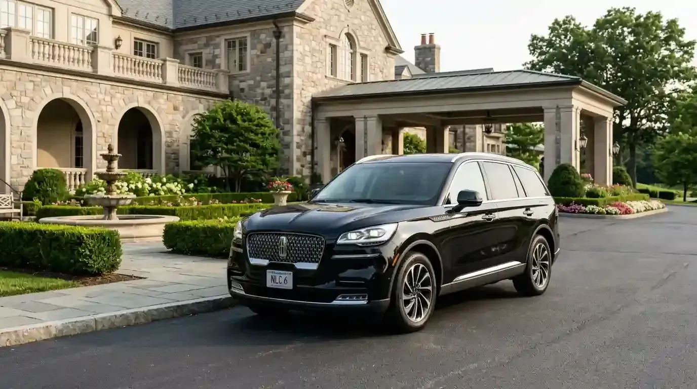 Black  Lincoln Aviator executive black car parked in Dedham for luxury chauffeur and black car transportation service.
