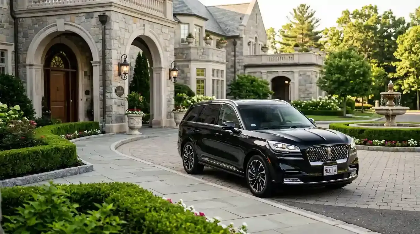 Black 2026 Lincoln Aviator executive black car parked in Salem for luxury chauffeur and black car transportation service.
