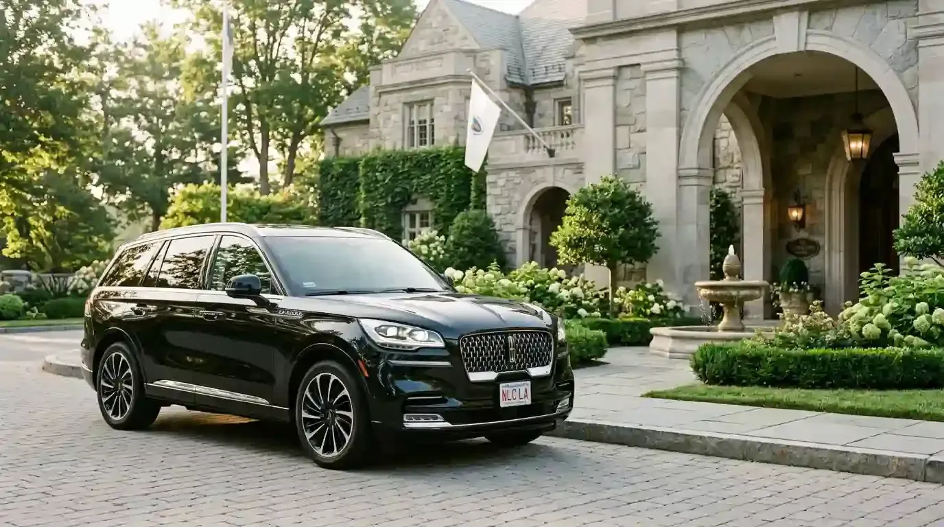 Black 2026 Lincoln Aviator executive black car parked in Sudbury for luxury chauffeur and black car transportation service.
