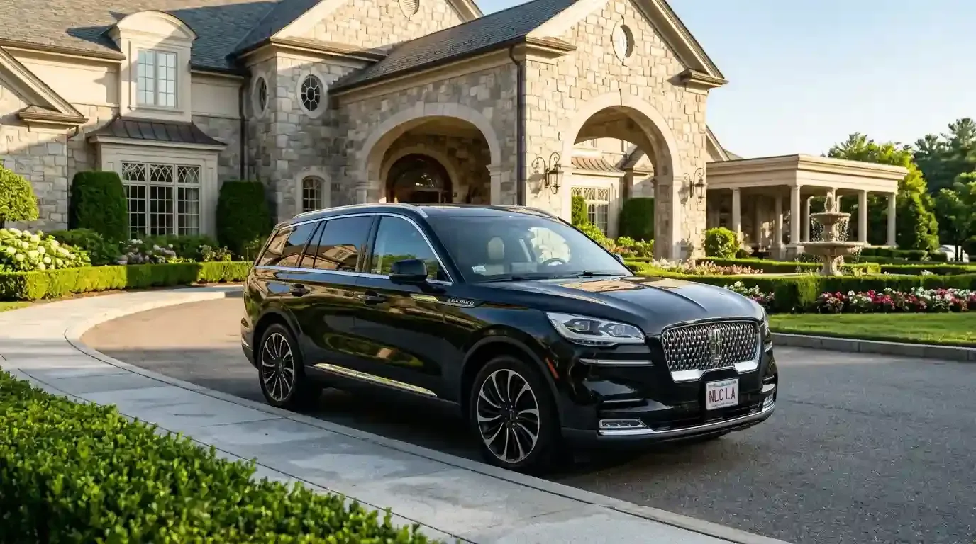 Black 2026 Lincoln Aviator executive black car parked in Swampscott for luxury chauffeur and black car transportation service.
