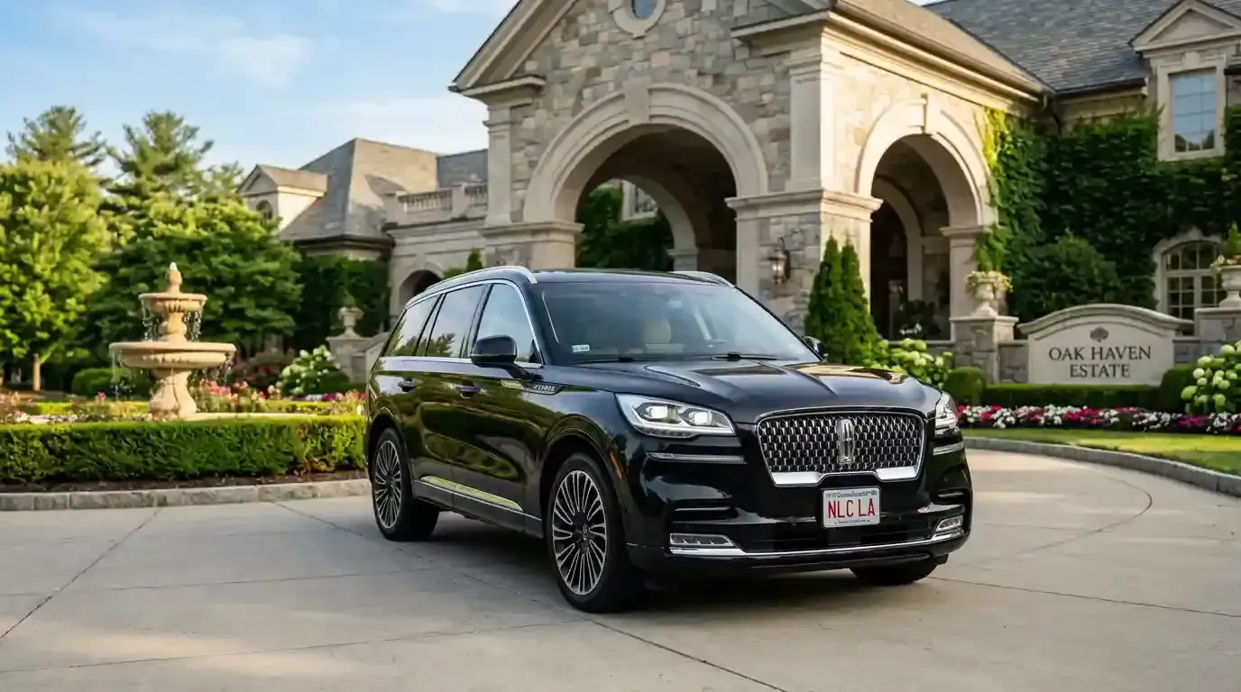 Black 2026 Lincoln Aviator executive black car parked in Westborough for luxury chauffeur and black car transportation service.
