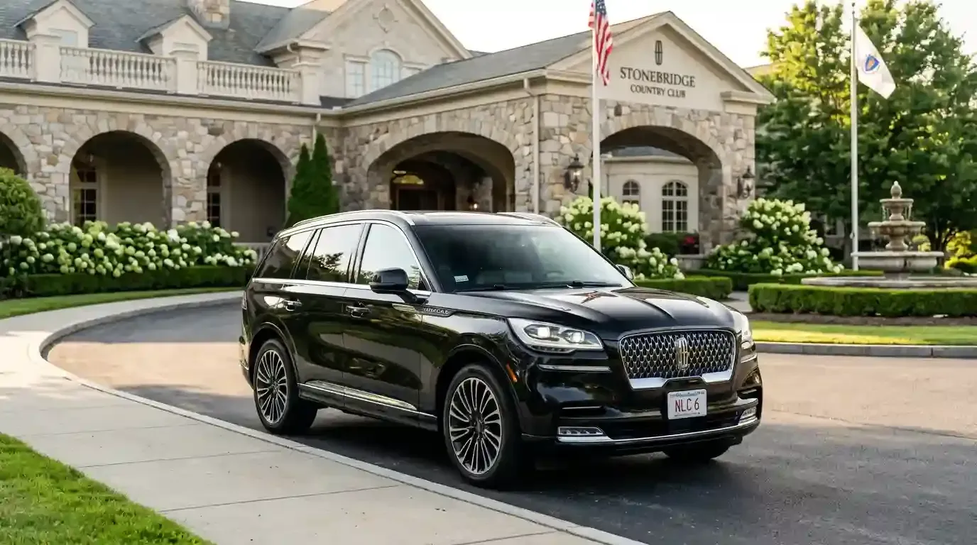 Black 2026 Lincoln Aviator executive black car parked in Weston for luxury chauffeur and black car transportation service.
