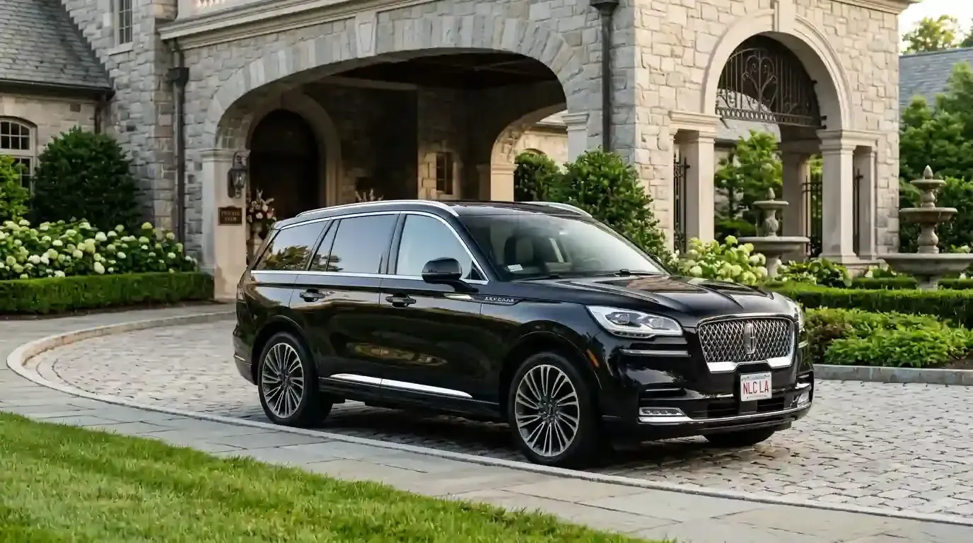 Black 2026 Lincoln Aviator executive black car parked in Westwood for luxury chauffeur and black car transportation service.
