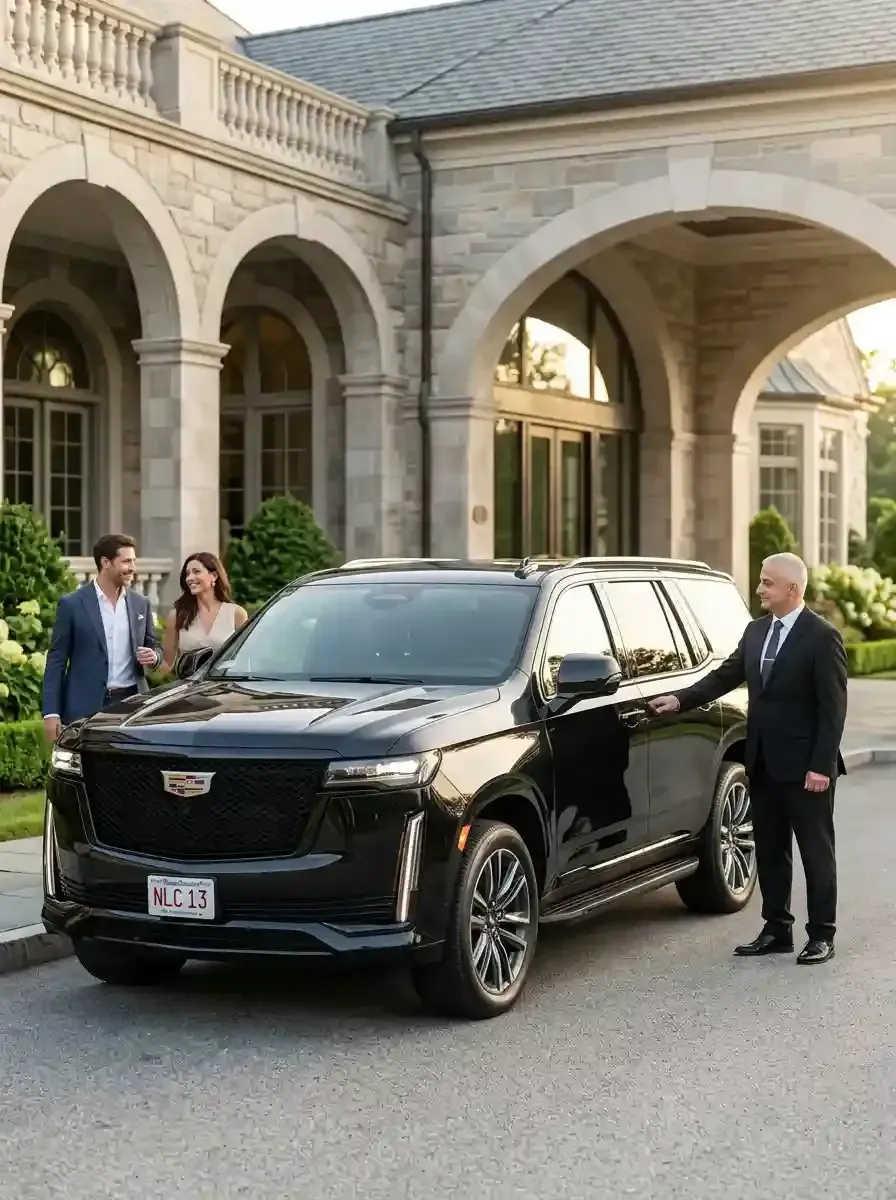 Professional chauffeur opening a luxury black SUV for passengers in Beverly, Massachusetts