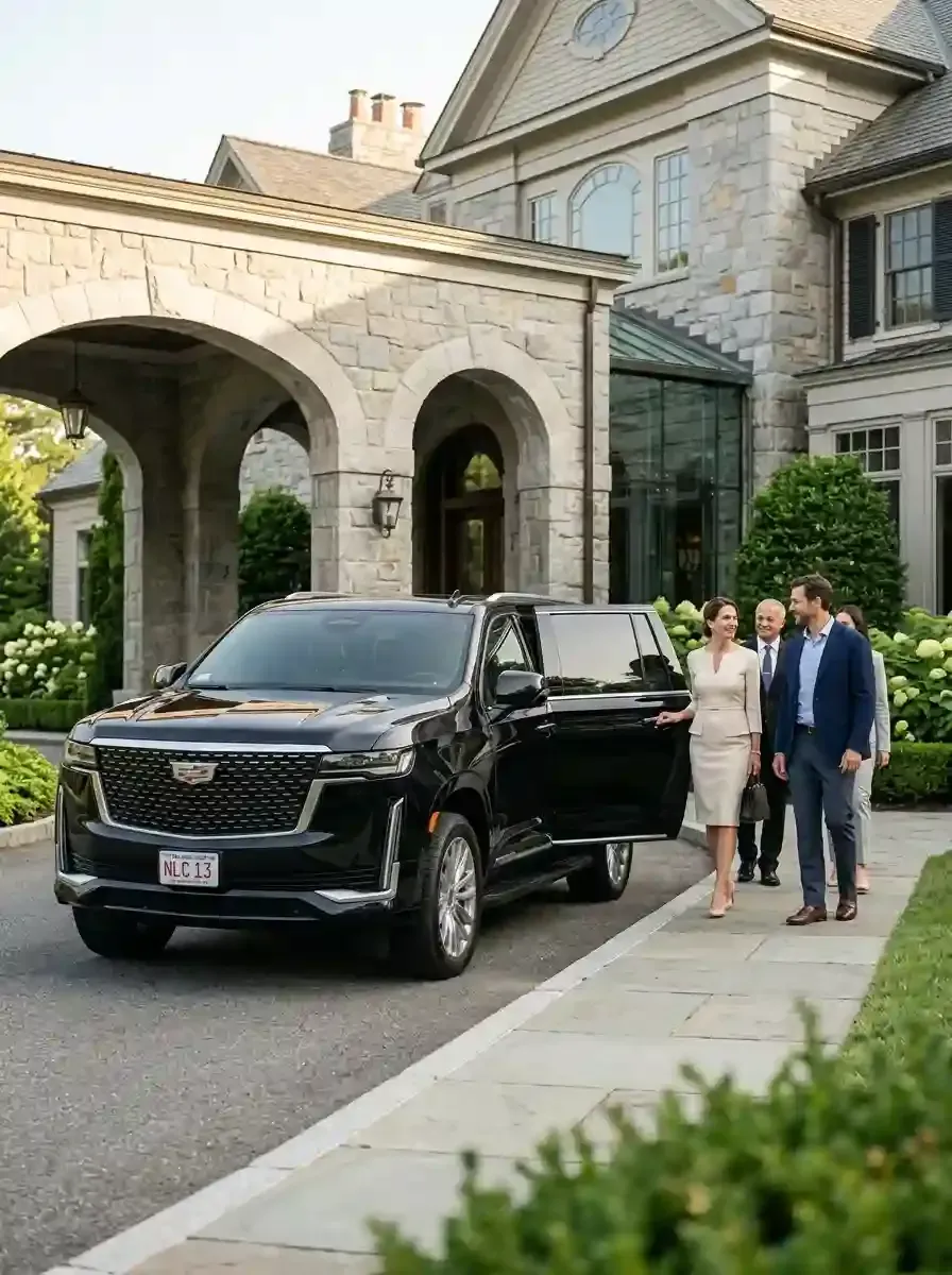 Professional chauffeur assisting passengers with a luxury black SUV in Chestnut Hill, Massachusetts