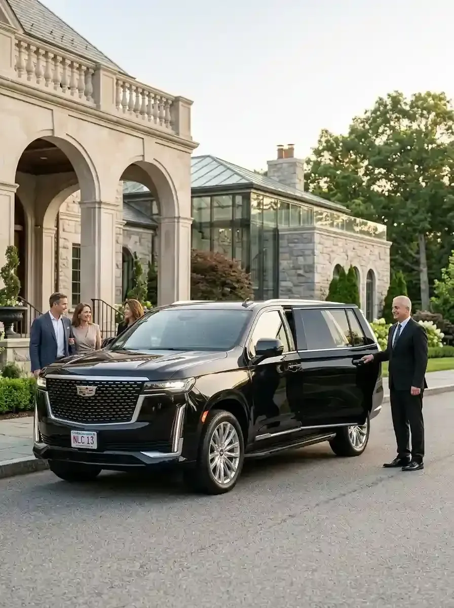 Professional chauffeur opening a luxury black SUV for passengers in Dedham, Massachusetts