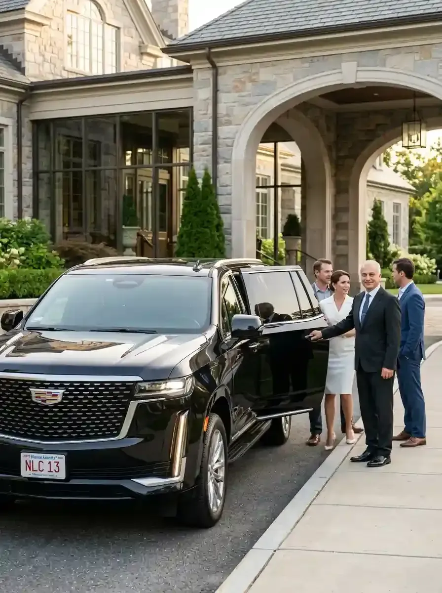 Professional chauffeur opening a luxury black vehicle for passengers in Framingham, Massachusetts