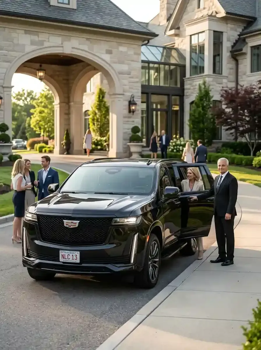 Professional chauffeur opening a luxury black SUV for passengers in Holliston, Massachusetts