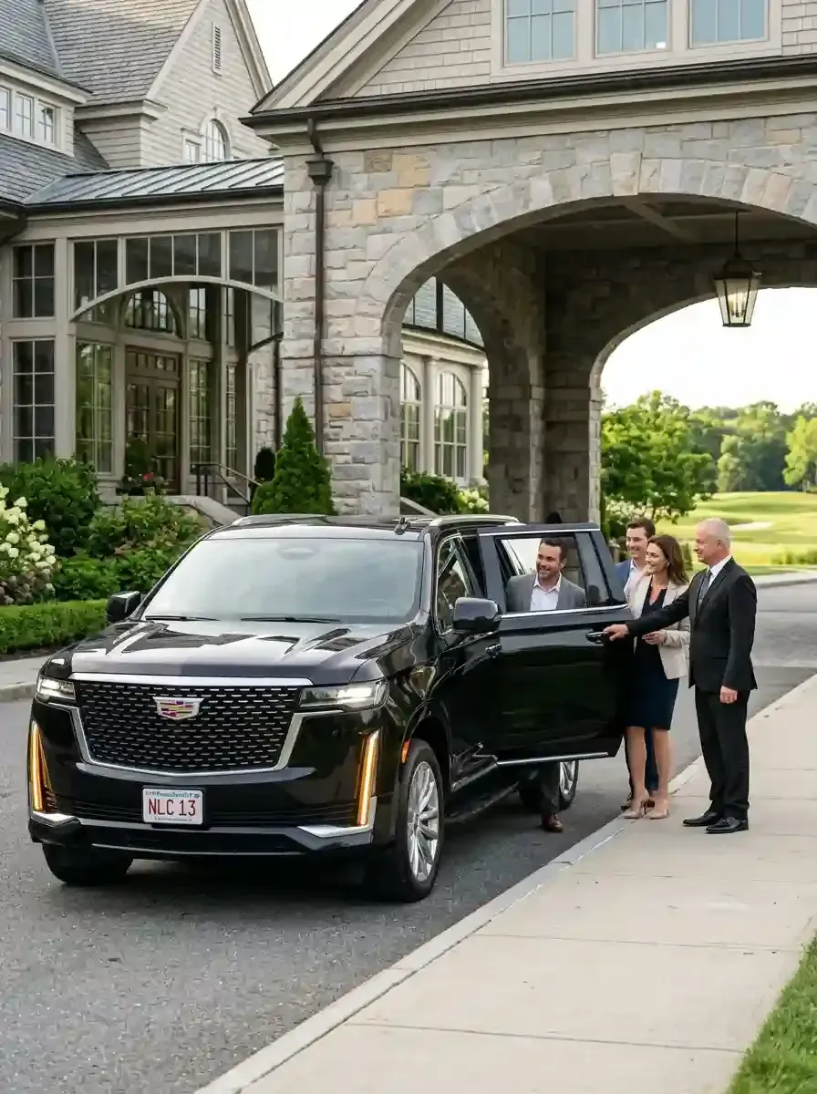 Professional chauffeur opening a luxury black SUV for passengers in Hopkinton, Massachusetts