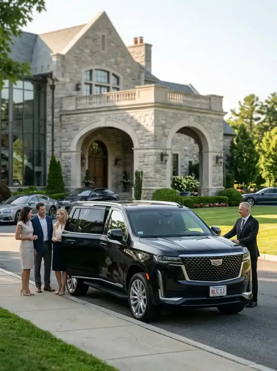 Professional chauffeur assisting passengers with luxury black car transportation in Littleton, Massachusetts