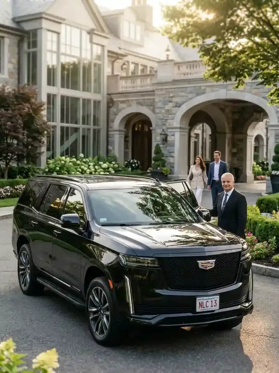 Professional chauffeur assisting passengers with luxury black car transportation in Maynard, Massachusetts