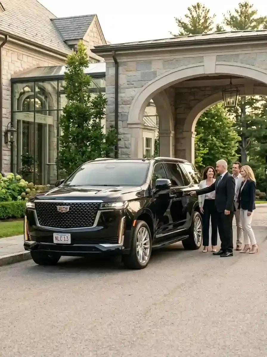 Professional chauffeur assisting passengers with luxury black car transportation in Salem, Massachusetts