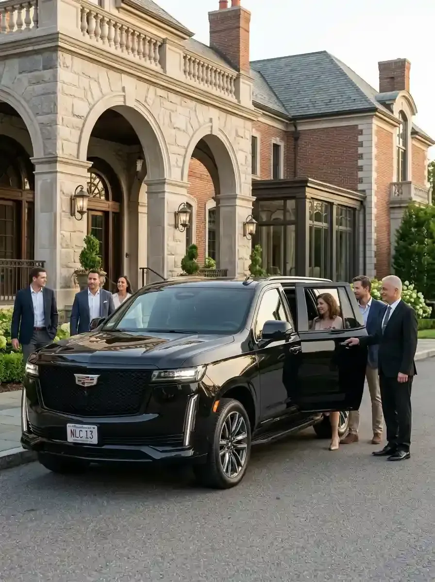 Professional chauffeur assisting passengers with luxury black car transportation in Swampscott, Massachusetts