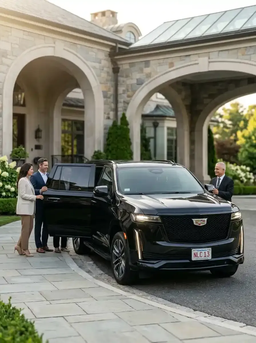 Professional chauffeur assisting passengers with luxury black car transportation in Weston, Massachusetts