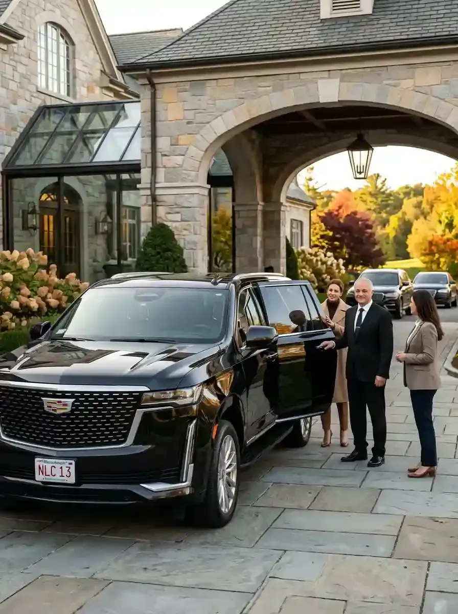 Professional chauffeur assisting passengers with luxury black car transportation in Westwood, Massachusetts