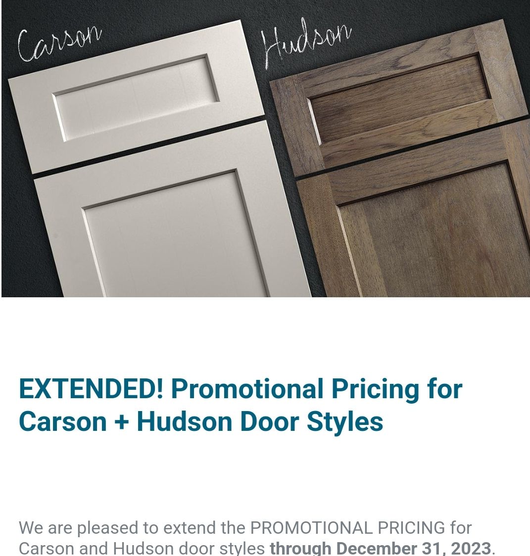 Extended Promo on Dura Supreme Carson and Hudson Door Styles til December 31, 2023