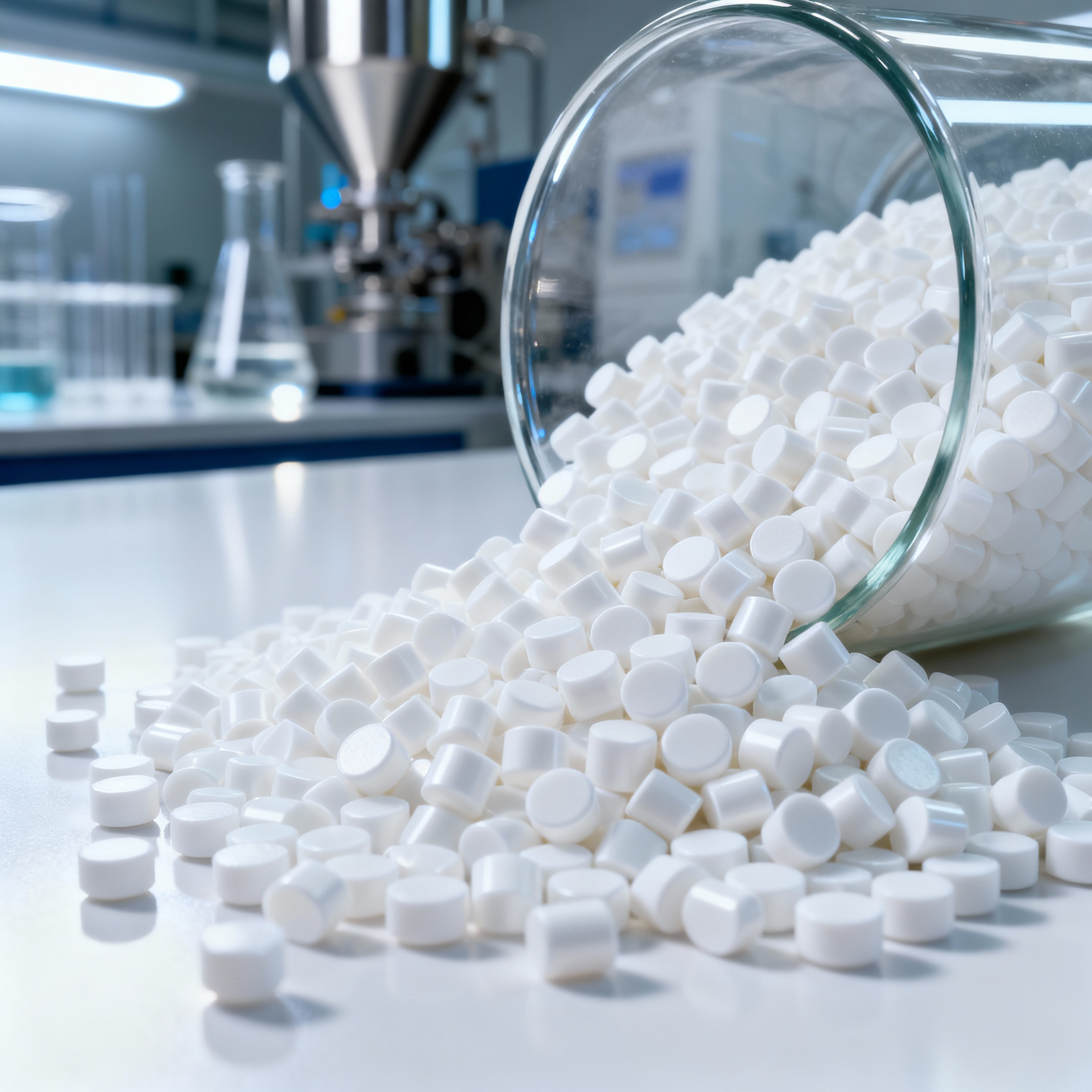 White plastic pellets spilling from a glass beaker on a lab table.