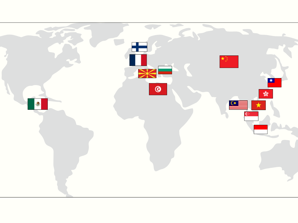World map with flags of China, Finland, Taiwan, Singapore, Malaysia, Indonesia, and Hong Kong.