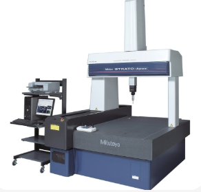 Mitutoyo STRATO-Apex CMM machine in a lab setting, blue and grey with a computer and printer.
