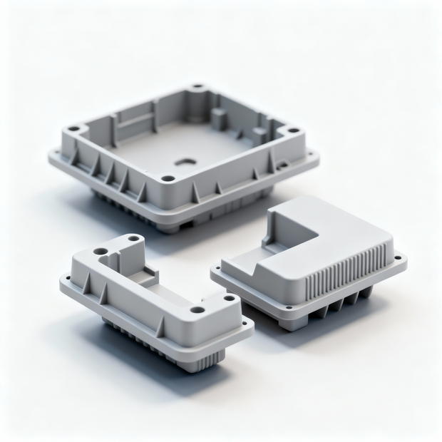Three gray plastic electronic enclosures.