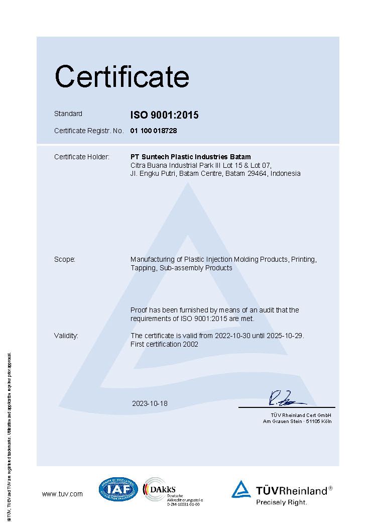 Certificate of ISO 9001:2015 accreditation with text, logos, and a signature, likely from a certification body.