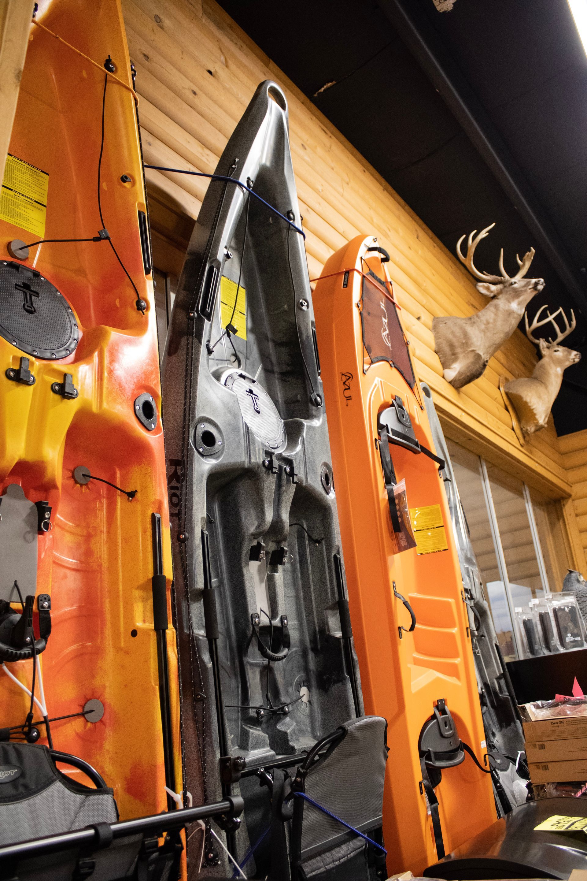 Kayaks in various colors displayed on a wall near deer taxidermy in a retail setting.