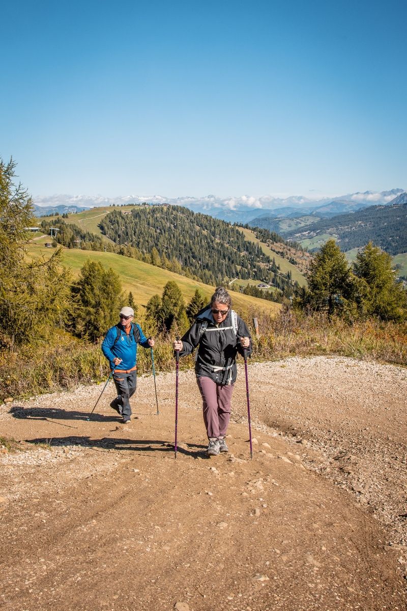 Two hikers with poles ascending a dirt path on a sunny mountainside, overlooking a valley.