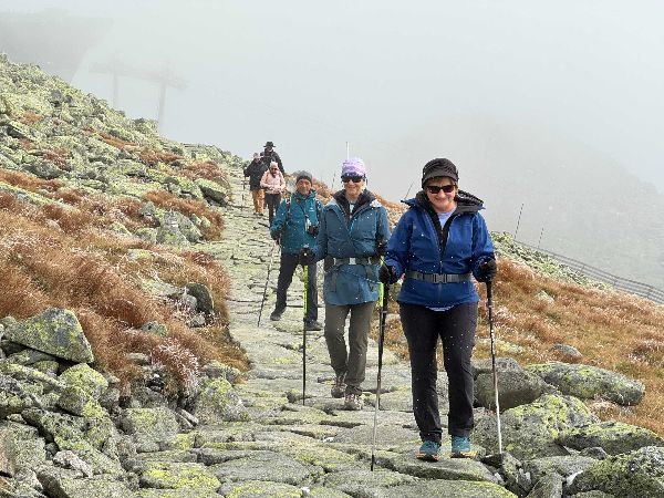 Hikers ascend a rocky mountain path, using poles, on a cloudy day.