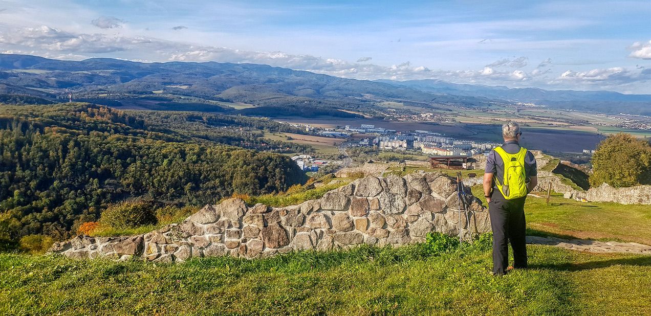 Person with yellow backpack overlooking a green valley and distant mountains on a sunny day.