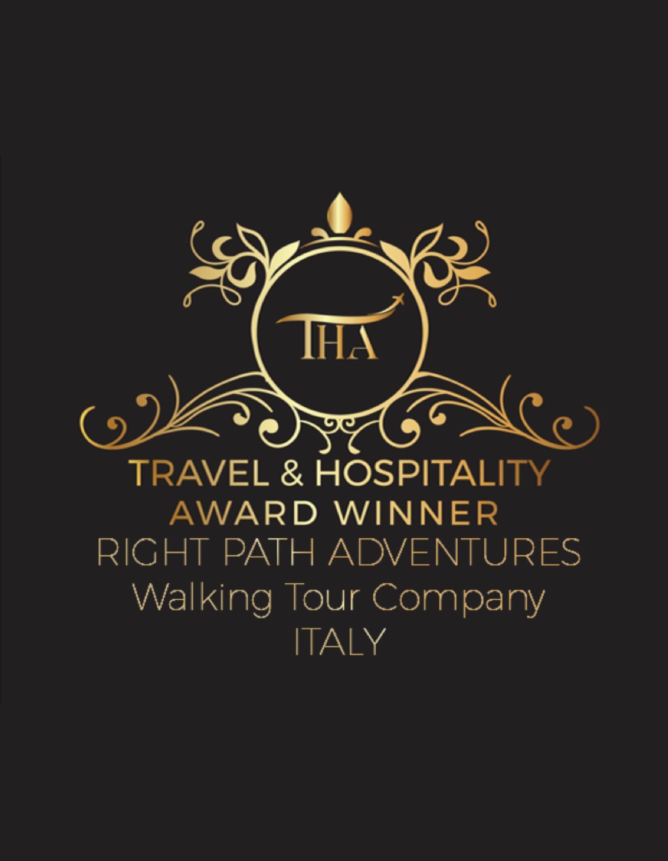 Gold award on black background for Right Path Adventures, a walking tour company in Italy.