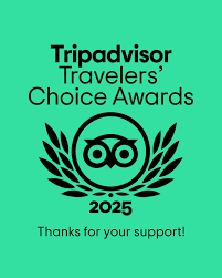 Tripadvisor Travelers' Choice Award 2025 badge on a teal background, featuring owl logo and text.
