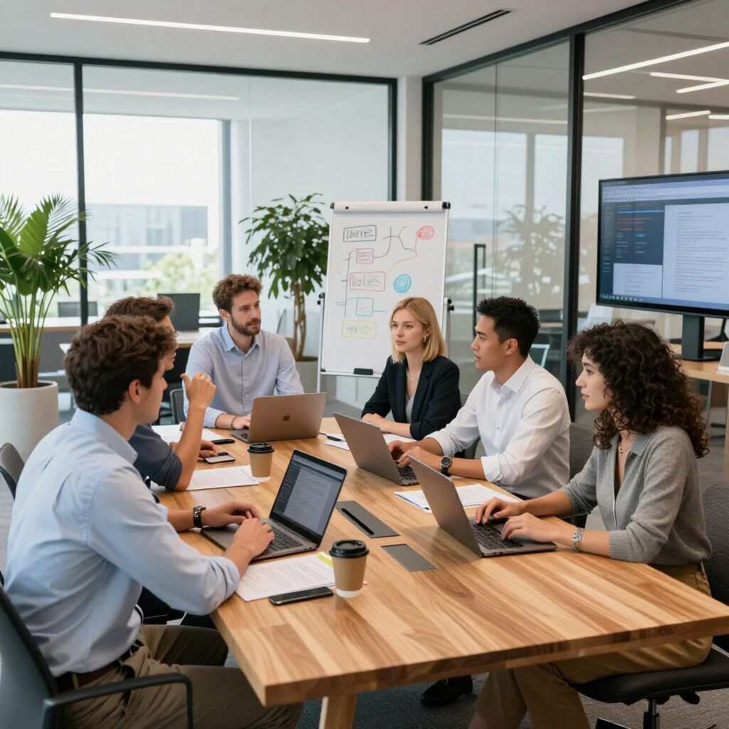 Personas en una sala de reuniones, usando portátiles, colaborando alrededor de una mesa de madera. 