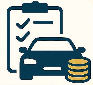 Coche con portapapeles y monedas, posiblemente relacionado con financiación o seguro del vehículo.