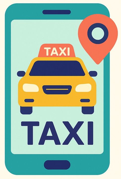 Aplicación de taxi en un teléfono: ícono de taxi amarillo con un cartel de 