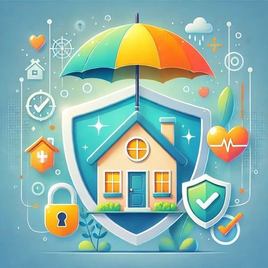 Un paraguas colorido protegiendo una casa dentro de un escudo, representando un seguro; varios íconos y elementos lo rodean.
