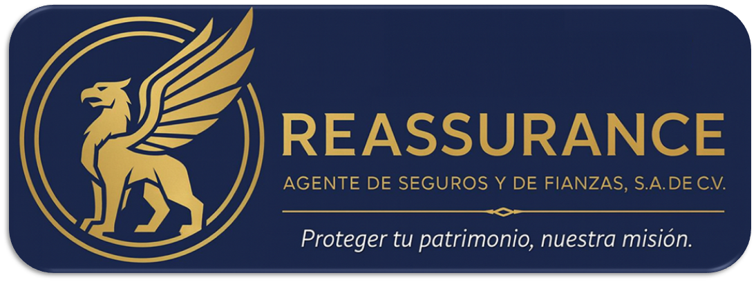 Logotipo de Reassurance, una agencia de seguros. Presenta un grifo dorado en un círculo sobre un rectángulo azul oscuro.